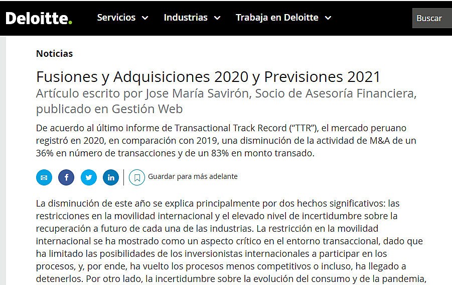 Fusiones y Adquisiciones 2020 y Previsiones 2021